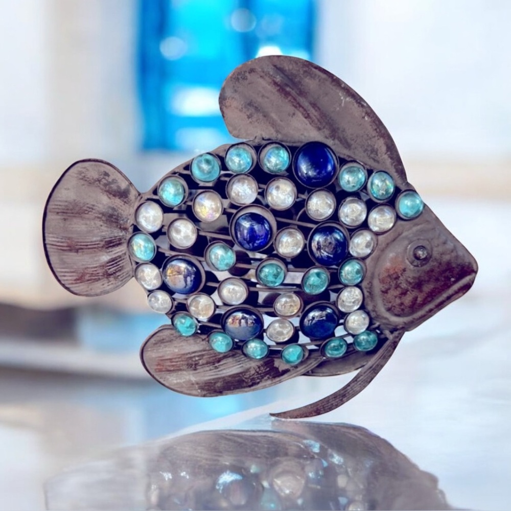 Fish sculpture blue colored glass gems metal frame